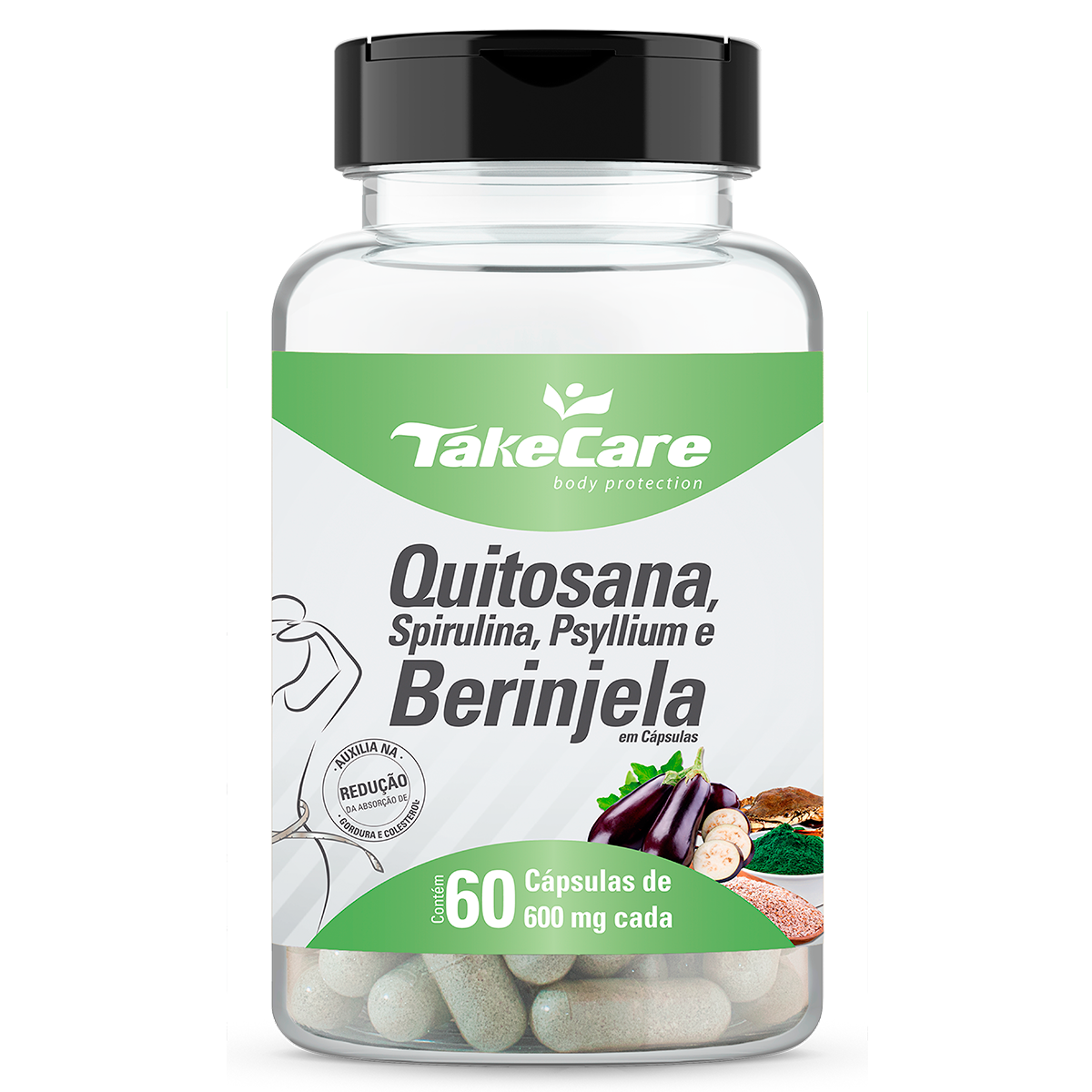 QUITOSANA, SPIRULINA, PSYLLIUM E BERINJELA - 60 CÁPSULAS - 600 MG